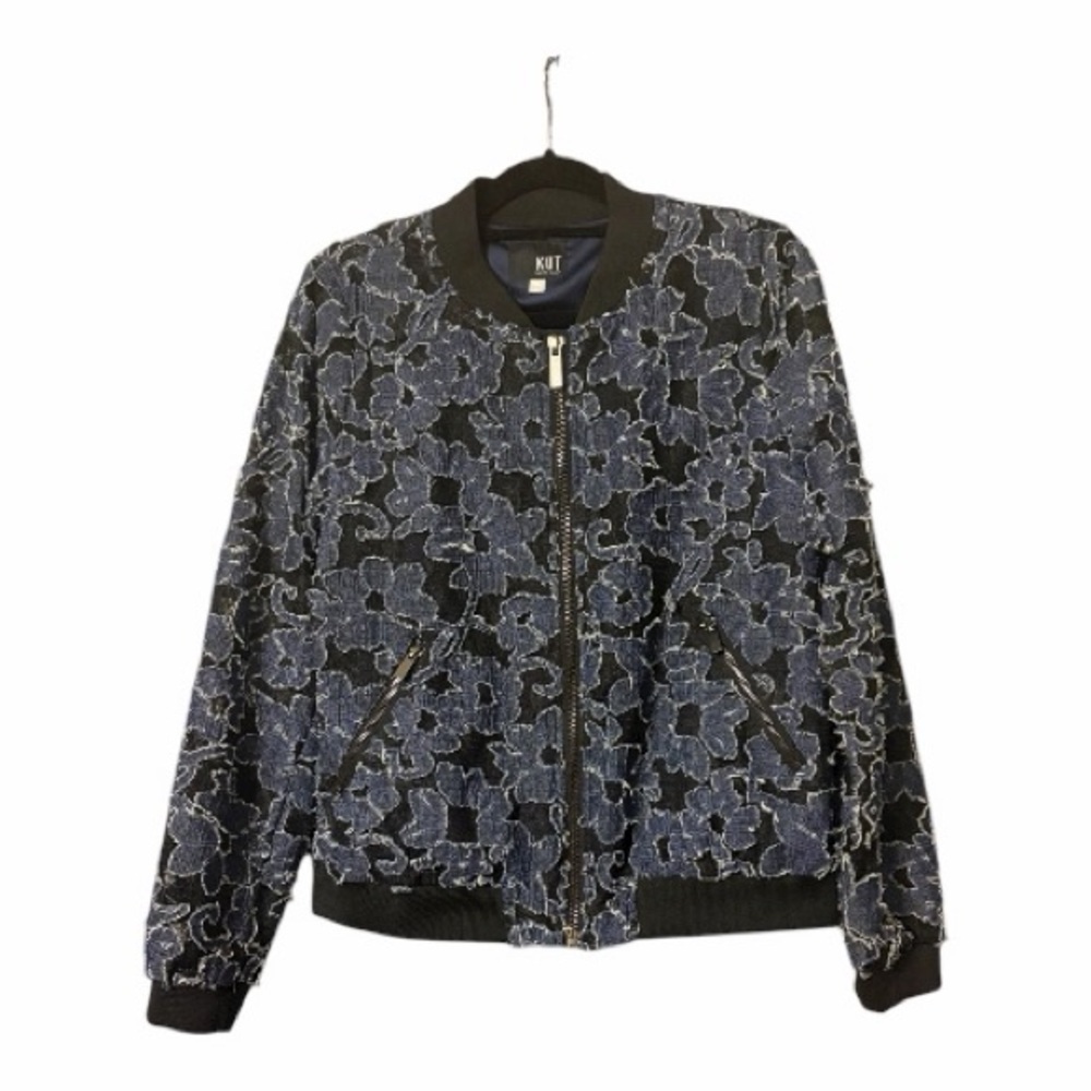 Kut from the Kloth Women's Jacket. Black and Blue Floral Jacquard Bomber Jacket